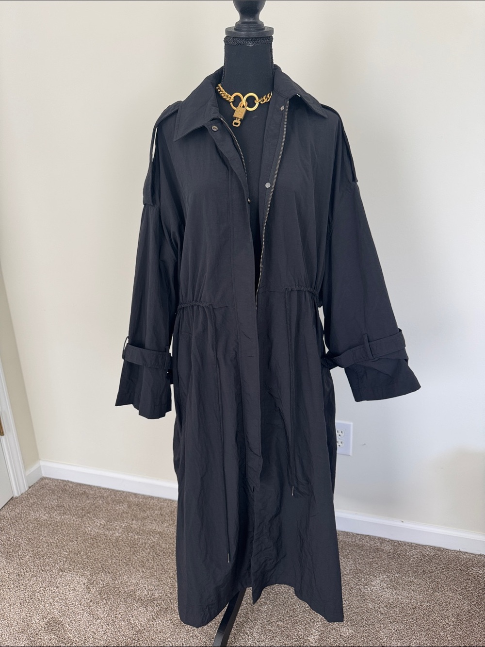 NWT AER Lightweight Black Longline Trench Coat Free Size